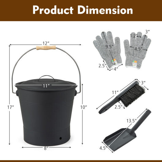 Ash Bucket with Lid and Cut-resistant Gloves-Black - Color: Black