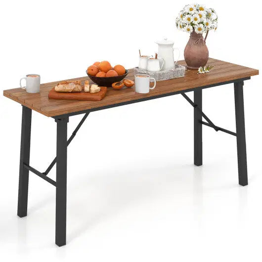 Folding Picnic Table Acacia Wood Dining Table with Metal Frame for Indoor Outdoor Activities - Size: 51-60 Inch