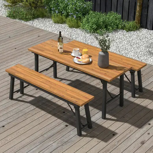 Folding Picnic Table Acacia Wood Dining Table with Metal Frame for Indoor Outdoor Activities - Size: 51-60 Inch