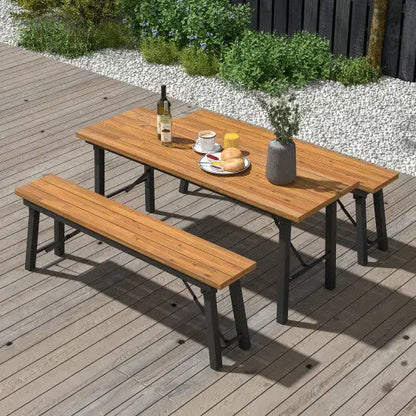 Folding Picnic Table Acacia Wood Dining Table with Metal Frame for Indoor Outdoor Activities - Size: 51-60 Inch