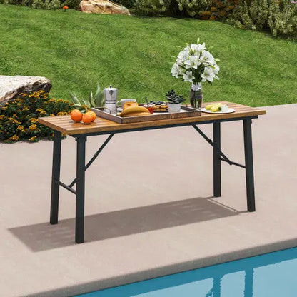 Folding Picnic Table Acacia Wood Dining Table with Metal Frame for Indoor Outdoor Activities - Size: 51-60 Inch