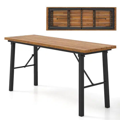 Folding Picnic Table Acacia Wood Dining Table with Metal Frame for Indoor Outdoor Activities - Size: 51-60 Inch