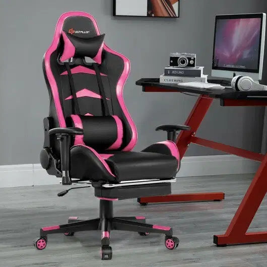 Massage Gaming Chair with Footrest-Pink - Color: Pink