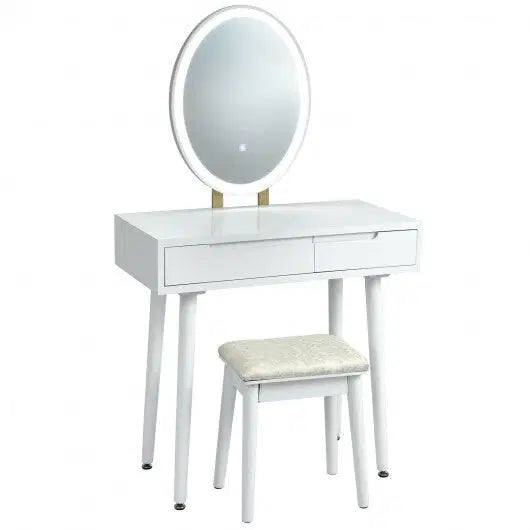 Touch Screen Vanity Makeup Table Stool Set with Lighted Mirror-White