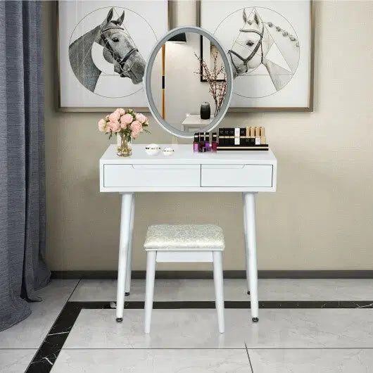 Touch Screen Vanity Makeup Table Stool Set with Lighted Mirror-White