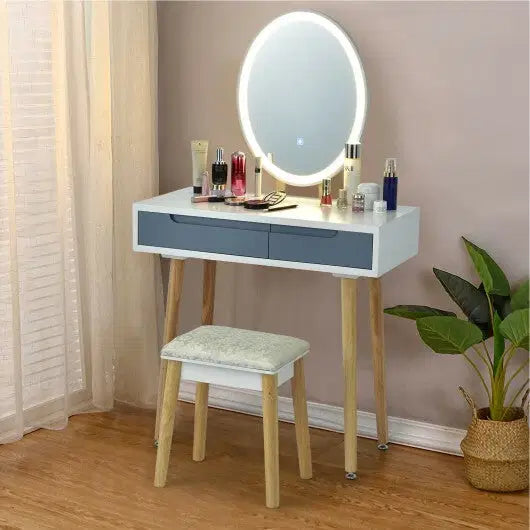 Touch Screen Vanity Makeup Table Stool Set with Lighted Mirror-White
