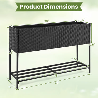Wicker Raised Garden Bed with Storage Shelf and Drainage Gaps for Flowers