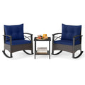 3 Piece Rocking Bistro Set PE Rattan Rocker Chairs with Acacia Wood Top Table-Navy - Color: Navy