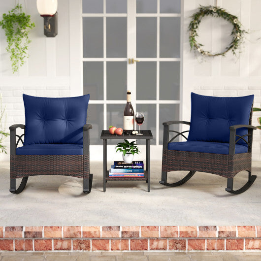 3 Piece Rocking Bistro Set PE Rattan Rocker Chairs with Acacia Wood Top Table-Navy - Color: Navy