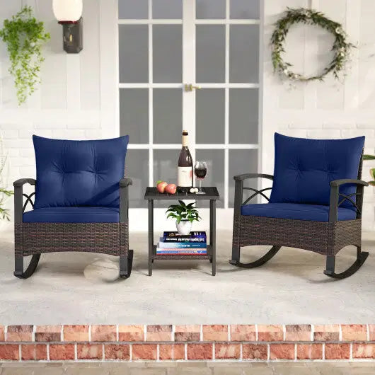 3 Piece Rocking Bistro Set PE Rattan Rocker Chairs with Acacia Wood Top Table-Navy - Color: Navy