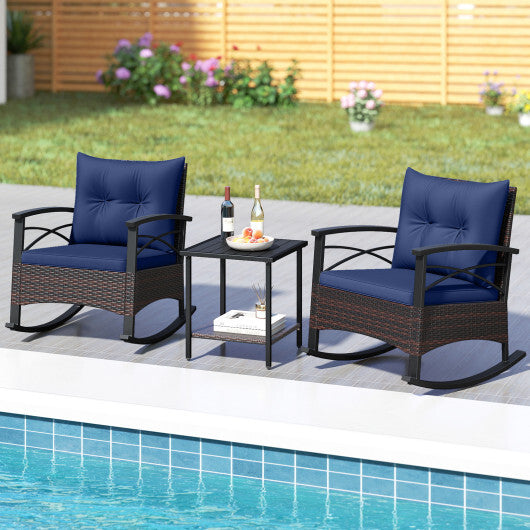 3 Piece Rocking Bistro Set PE Rattan Rocker Chairs with Acacia Wood Top Table-Navy - Color: Navy
