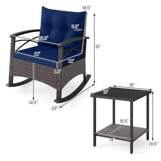 3 Piece Rocking Bistro Set PE Rattan Rocker Chairs with Acacia Wood Top Table-Navy - Color: Navy