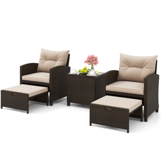 5PCS Outdoor Rattan Conversation Set Wicker Lounge Chairs with 2 Ottoman Stools and Glass Top Side Table-Beige - Color: Beige