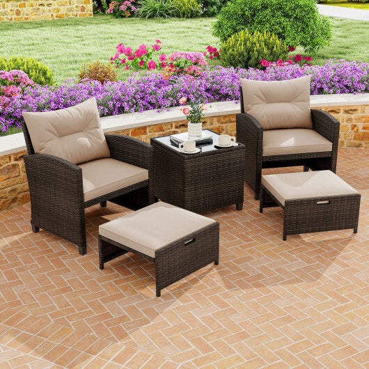 5PCS Outdoor Rattan Conversation Set Wicker Lounge Chairs with 2 Ottoman Stools and Glass Top Side Table-Beige - Color: Beige