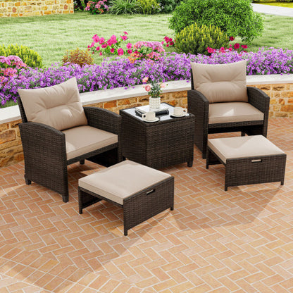 5PCS Outdoor Rattan Conversation Set Wicker Lounge Chairs with 2 Ottoman Stools and Glass Top Side Table-Beige - Color: Beige