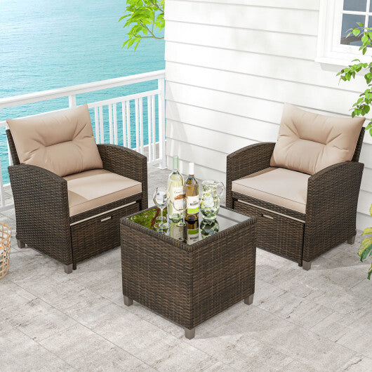 5PCS Outdoor Rattan Conversation Set Wicker Lounge Chairs with 2 Ottoman Stools and Glass Top Side Table-Beige - Color: Beige