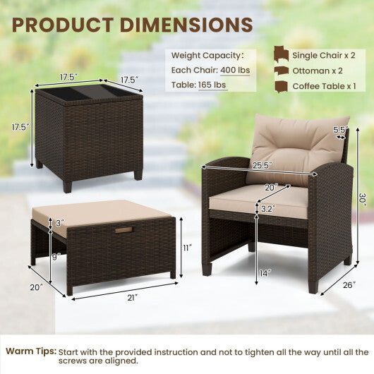 5PCS Outdoor Rattan Conversation Set Wicker Lounge Chairs with 2 Ottoman Stools and Glass Top Side Table-Beige - Color: Beige