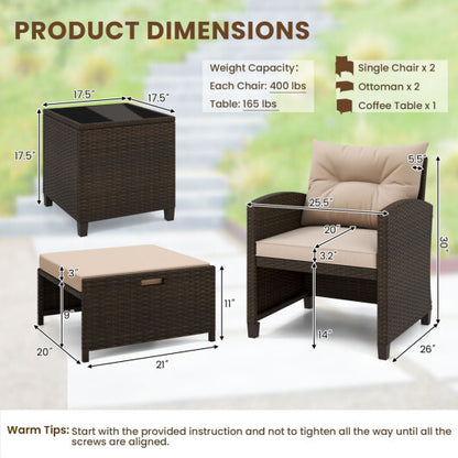5PCS Outdoor Rattan Conversation Set Wicker Lounge Chairs with 2 Ottoman Stools and Glass Top Side Table-Beige - Color: Beige
