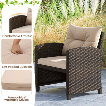 5PCS Outdoor Rattan Conversation Set Wicker Lounge Chairs with 2 Ottoman Stools and Glass Top Side Table-Beige - Color: Beige
