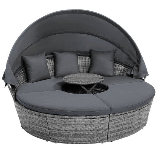 Outdoor PE Wicker Round Daybed with Retractable Canopy and Cushions-Gray - Color: Gray
