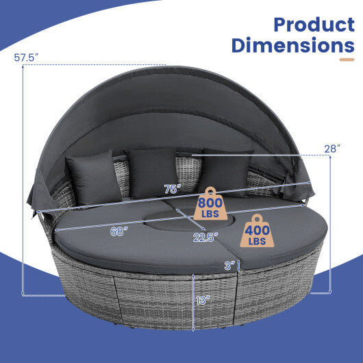 Outdoor PE Wicker Round Daybed with Retractable Canopy and Cushions-Gray - Color: Gray