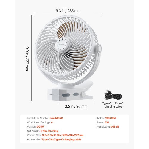 Portable Clip Fan, Rechargeable Clip On Fan, USB Port with 3 Speeds & Circulation Mode, Strong Airflow Sturdy Clamp, Long Runtime for Desk, Golf Cart, Outdoor Camping Treadmill, Office, White