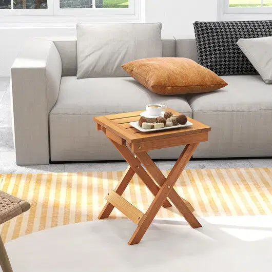 14 Inch Compact Folding Side Table with Slatted Tabletop - Color: Natural