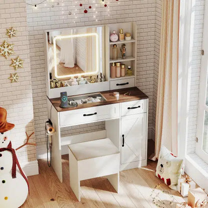 Vanity Desk with Mirror and Lights Farmhouse Makeup Dressing Table-White