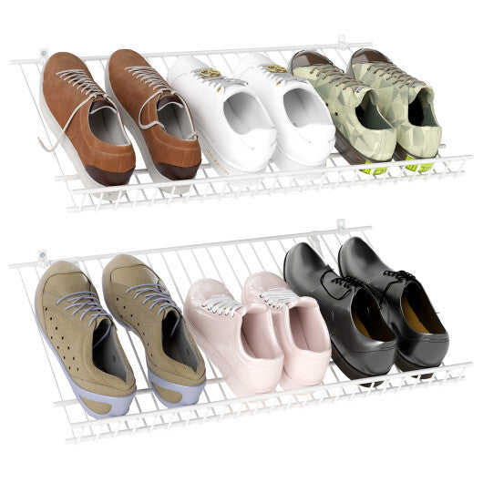 Closet Shelves Wall Mounted Set of 2 Metal Wire Shoe Racks - Color: White