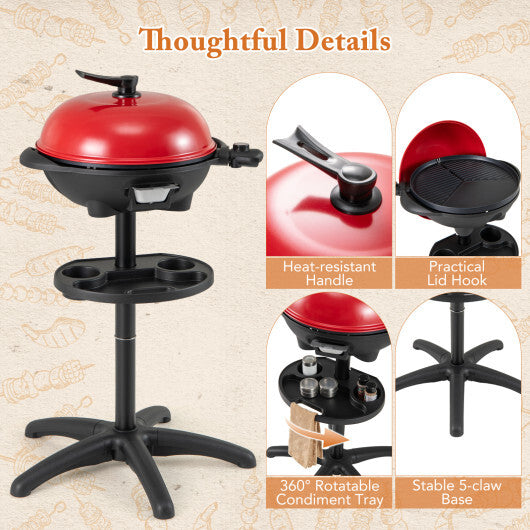 1350 W Outdoor Electric BBQ Grill with Removable Stand Easy to Install-Red - Color: Red