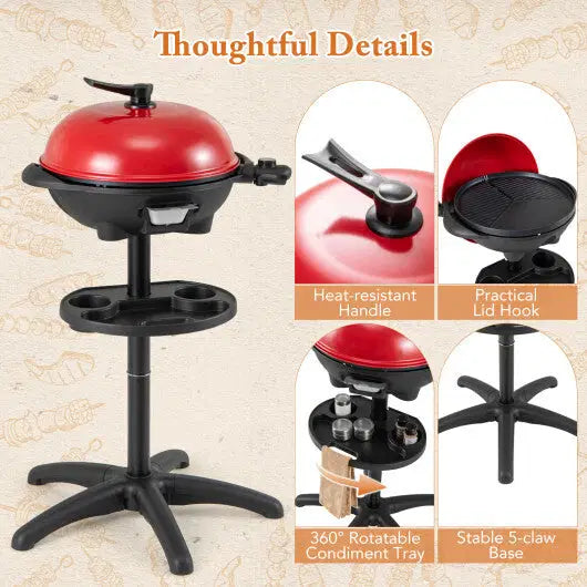 1350 W Outdoor Electric BBQ Grill with Removable Stand Easy to Install-Red - Color: Red