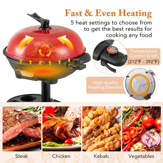 1350 W Outdoor Electric BBQ Grill with Removable Stand Easy to Install-Red - Color: Red