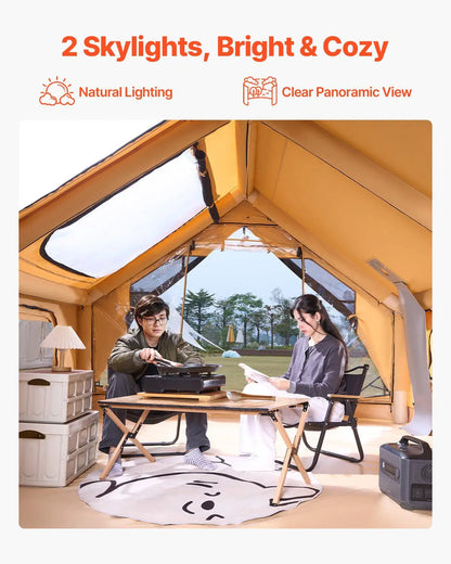 Inflatable Tents for Camping, 5-8 Person Easy Setup Blow up Tent with Hand Pump, Luxury Glamping Tent with 2 Skylights, Canopy, Stove Jack 2 Doors & Mesh Windows (Storage Bag Included)