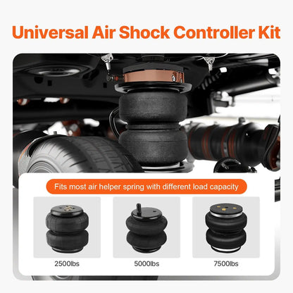 Air Shock Controller Kit, 12V 100PSI On Board Air Compressor System, Air Ride Suspension Compressor Kit with Single Path System, Pressure Gauge & Air Line for Trucks Vans