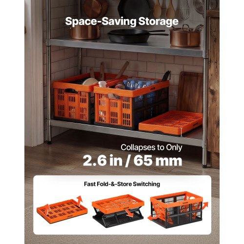 Plastic Collapsible Storage Bins, 45L 6 Packs, Stackable Folding Storage Crates with Handles, Holds 33 lbs Per Bin, Foldable Heavy Duty Containers, Space-Saving Baskets, for Home Organizing