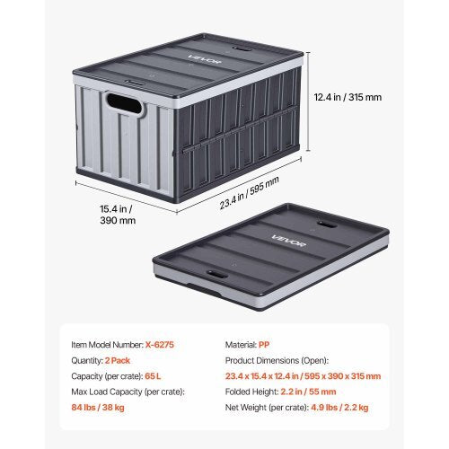 Plastic Collapsible Storage Bins with Lids, 65L 2 Packs, Stackable Folding Storage Crates with Handles, Holds 84 lbs Per Bin, Heavy Duty Containers, Space-Saving Baskets, for Home Organizing