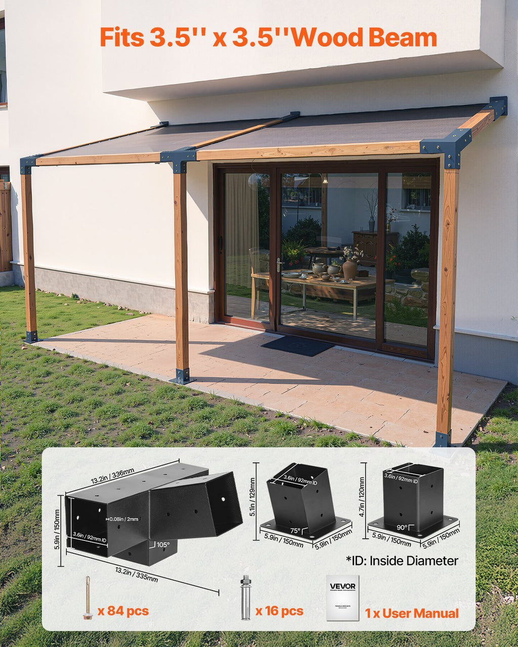Pergola Kit, 4x4 Inch 4-Way Slanted Bracket for 3.5x3.5 Inch Wood Beams in Actual Size, Carbon Steel Pergola Bracket with Post Base and Wall Mount Base, for Outdoor Pergolas, Gazebos, Sheds