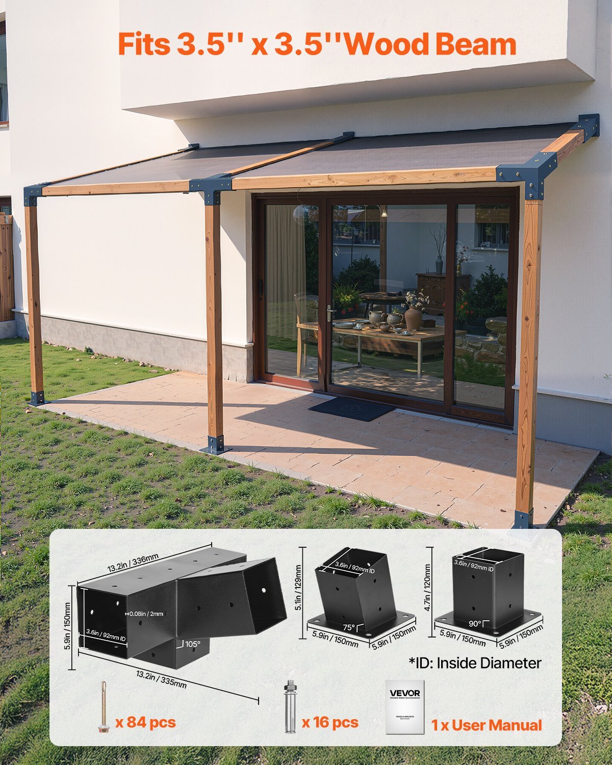 Pergola Kit, 4x4 Inch 4-Way Slanted Bracket for 3.5x3.5 Inch Wood Beams in Actual Size, Carbon Steel Pergola Bracket with Post Base and Wall Mount Base, for Outdoor Pergolas, Gazebos, Sheds