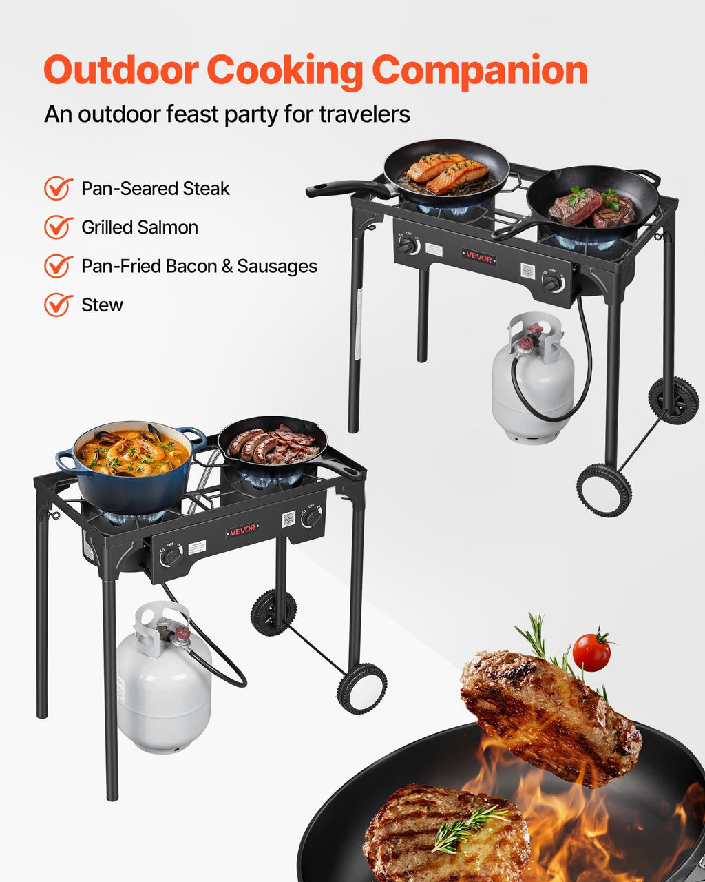 2 Burner Outdoor Propane Gas Stove, 150,000 BTU Propane LPG Gas Camping Stove, Heavy-duty Carbon Steel Outdoor Cooker, with 2 Wheels & 20 PSI Regulator & Hose, for BBQ Camp Home Patio Backyard