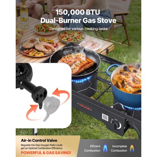 2 Burner Outdoor Propane Gas Stove, 150,000 BTU Propane LPG Gas Camping Stove, Heavy-duty Carbon Steel Outdoor Cooker, with 2 Wheels & 20 PSI Regulator & Hose, for BBQ Camp Home Patio Backyard