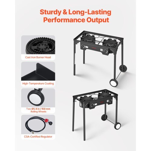 2 Burner Outdoor Propane Gas Stove, 150,000 BTU Propane LPG Gas Camping Stove, Heavy-duty Carbon Steel Outdoor Cooker, with 2 Wheels & 20 PSI Regulator & Hose, for BBQ Camp Home Patio Backyard