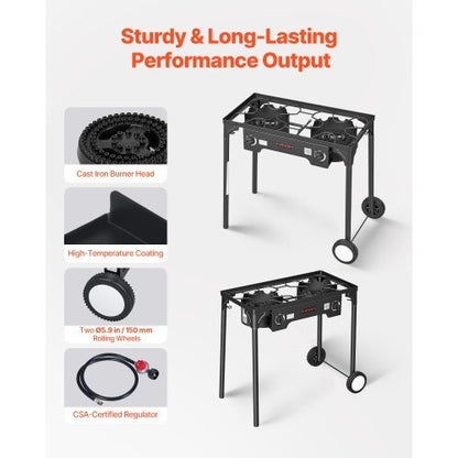 2 Burner Outdoor Propane Gas Stove, 150,000 BTU Propane LPG Gas Camping Stove, Heavy-duty Carbon Steel Outdoor Cooker, with 2 Wheels & 20 PSI Regulator & Hose, for BBQ Camp Home Patio Backyard