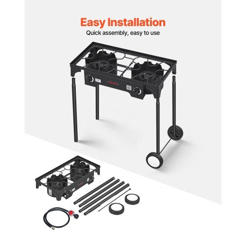 2 Burner Outdoor Propane Gas Stove, 150,000 BTU Propane LPG Gas Camping Stove, Heavy-duty Carbon Steel Outdoor Cooker, with 2 Wheels & 20 PSI Regulator & Hose, for BBQ Camp Home Patio Backyard