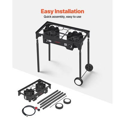 2 Burner Outdoor Propane Gas Stove, 150,000 BTU Propane LPG Gas Camping Stove, Heavy-duty Carbon Steel Outdoor Cooker, with 2 Wheels & 20 PSI Regulator & Hose, for BBQ Camp Home Patio Backyard