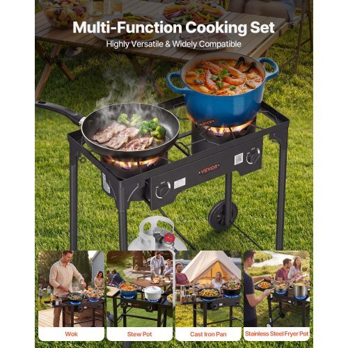 2 Burner Outdoor Propane Gas Stove, 150,000 BTU Propane LPG Gas Camping Stove, Heavy-duty Carbon Steel Outdoor Cooker, with 2 Wheels & 20 PSI Regulator & Hose, for BBQ Camp Home Patio Backyard
