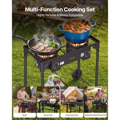 2 Burner Outdoor Propane Gas Stove, 150,000 BTU Propane LPG Gas Camping Stove, Heavy-duty Carbon Steel Outdoor Cooker, with 2 Wheels & 20 PSI Regulator & Hose, for BBQ Camp Home Patio Backyard