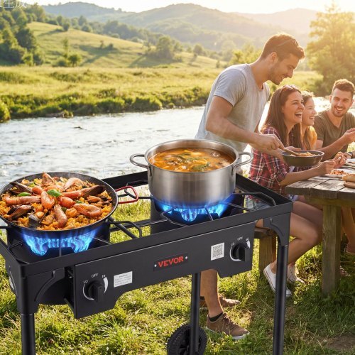 2 Burner Outdoor Propane Gas Stove, 150,000 BTU Propane LPG Gas Camping Stove, Heavy-duty Carbon Steel Outdoor Cooker, with 2 Wheels & 20 PSI Regulator & Hose, for BBQ Camp Home Patio Backyard