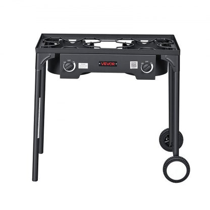 2 Burner Outdoor Propane Gas Stove, 150,000 BTU Propane LPG Gas Camping Stove, Heavy-duty Carbon Steel Outdoor Cooker, with 2 Wheels & 20 PSI Regulator & Hose, for BBQ Camp Home Patio Backyard