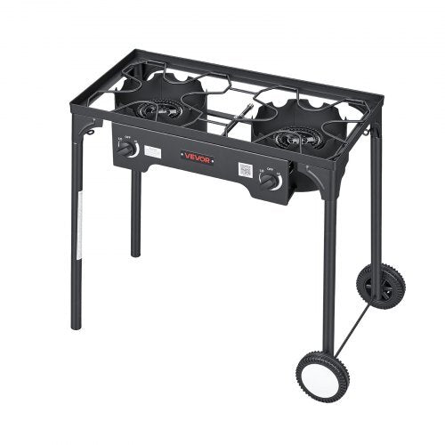 2 Burner Outdoor Propane Gas Stove, 150,000 BTU Propane LPG Gas Camping Stove, Heavy-duty Carbon Steel Outdoor Cooker, with 2 Wheels & 20 PSI Regulator & Hose, for BBQ Camp Home Patio Backyard