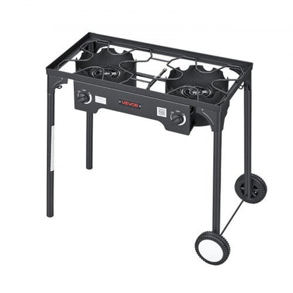 2 Burner Outdoor Propane Gas Stove, 150,000 BTU Propane LPG Gas Camping Stove, Heavy-duty Carbon Steel Outdoor Cooker, with 2 Wheels & 20 PSI Regulator & Hose, for BBQ Camp Home Patio Backyard